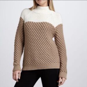 525 America Women Two-Tone Mock Neck Sweater Wool Cashmere Tan Cream Small